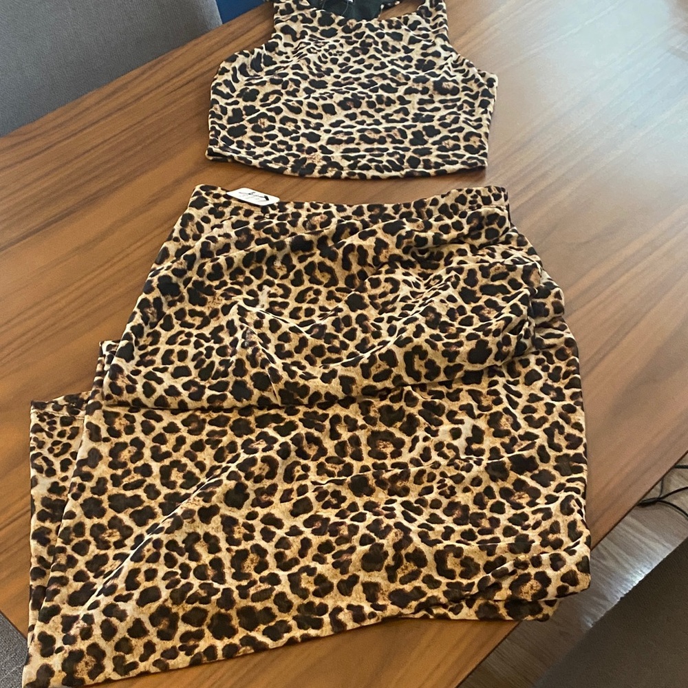 Fashion Nova Leopard Print Crop Top & Skirt Set - Tan, Black